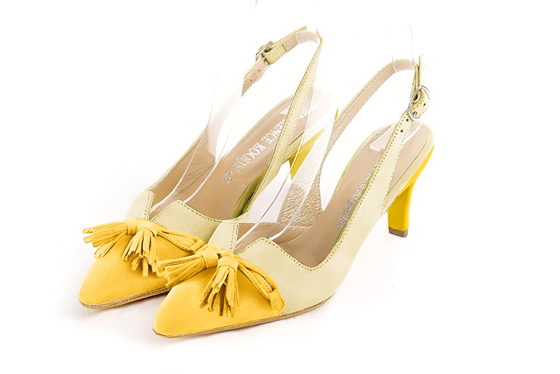 Yellow and meadow green women's open back shoes, with a knot. Tapered toe. Medium slim heel. Front view - Florence KOOIJMAN